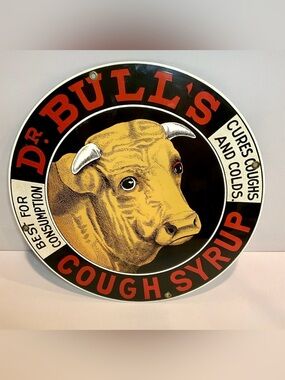 Ande Rooney Dr Bull’s Cough Syrup Porcelain Enamel Sign 11.25” Vintage